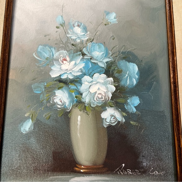 Robert Cox Signed Oil Painting Roses Floral Vase Framed Vintage Blue 8x10 Framed - Picture 4 of 9